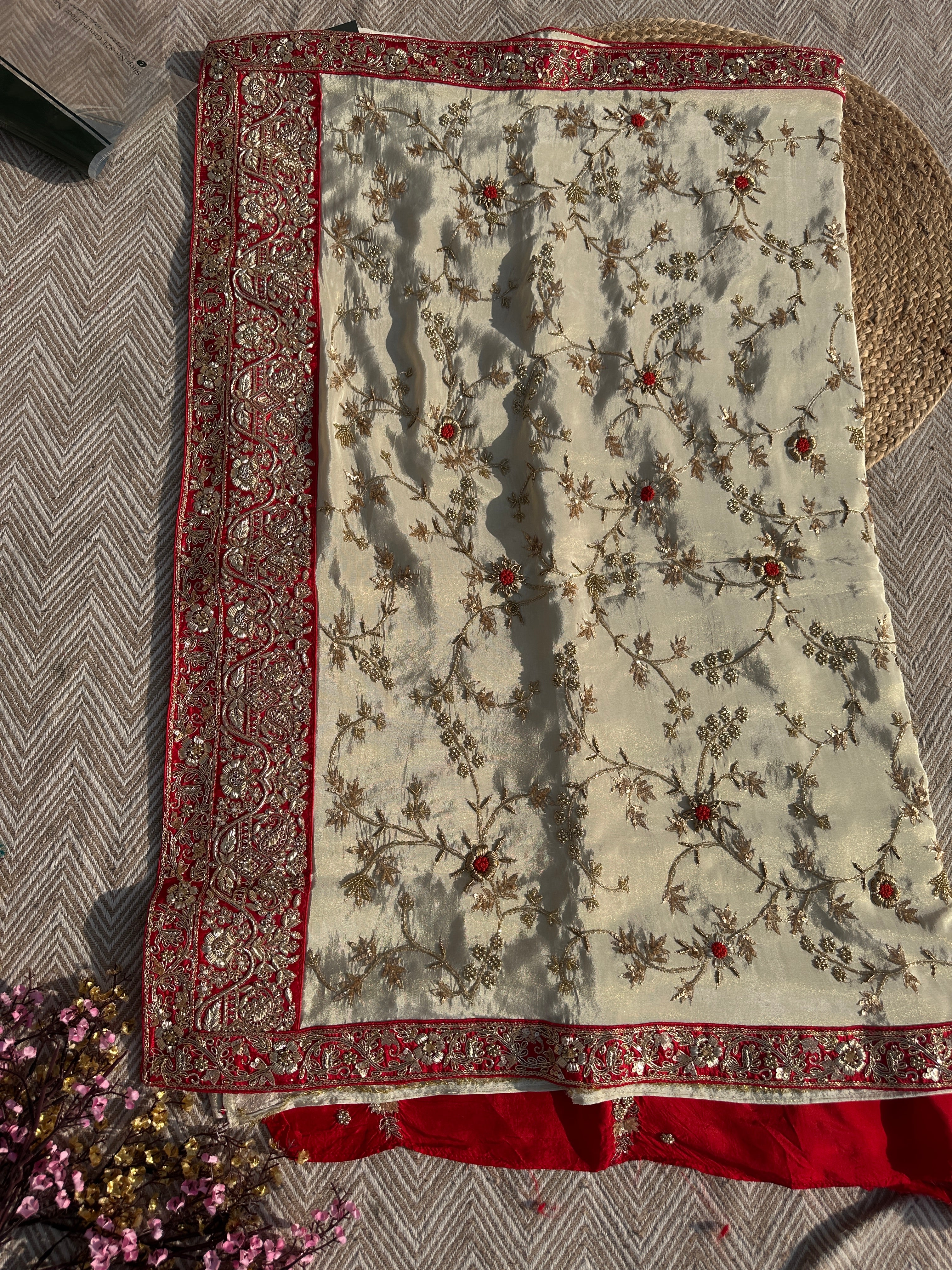 Cream Tissue Saree with Unstitched Blouse with Zari, Dabka, Sequins and Hand Work Embroidery 5